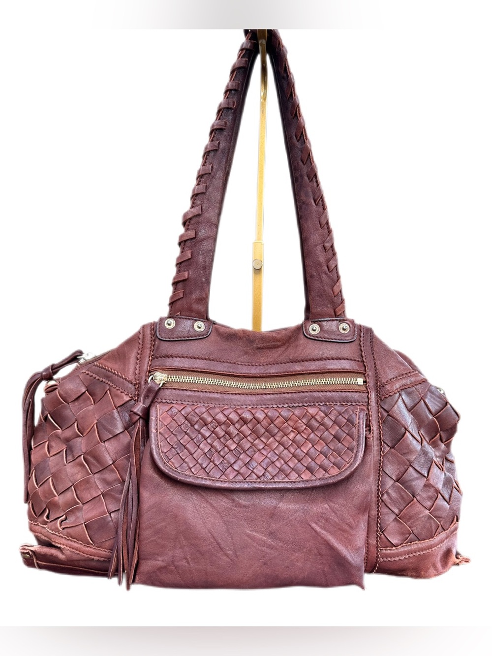 Vintage Bebe Burgundy Brown Leather Woven Boho Satchel Bag Y2K